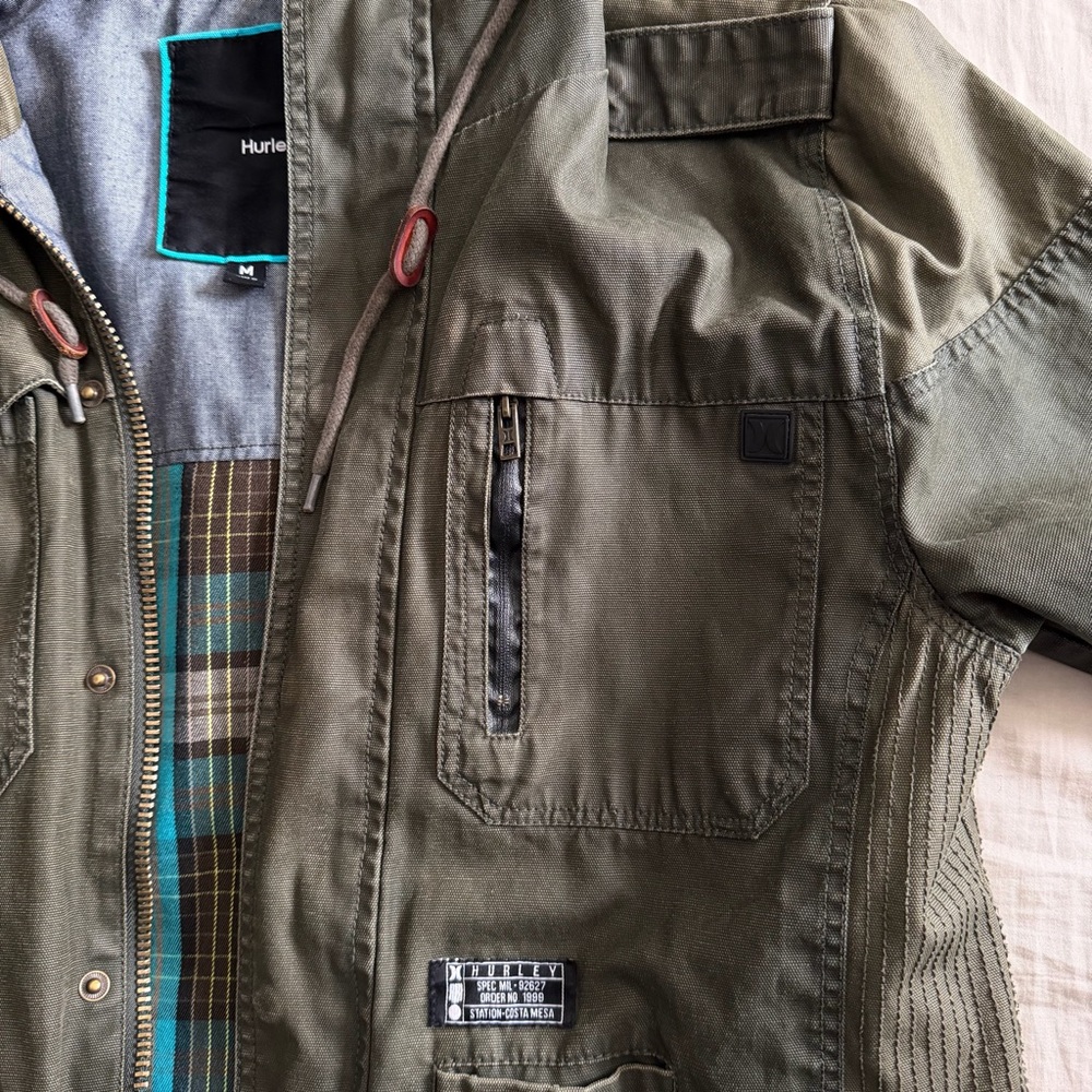 Hurley Waxed Plaid Lined Field Jacket Men’s Med Green Covert Military Tactical - Picture 6 of 12